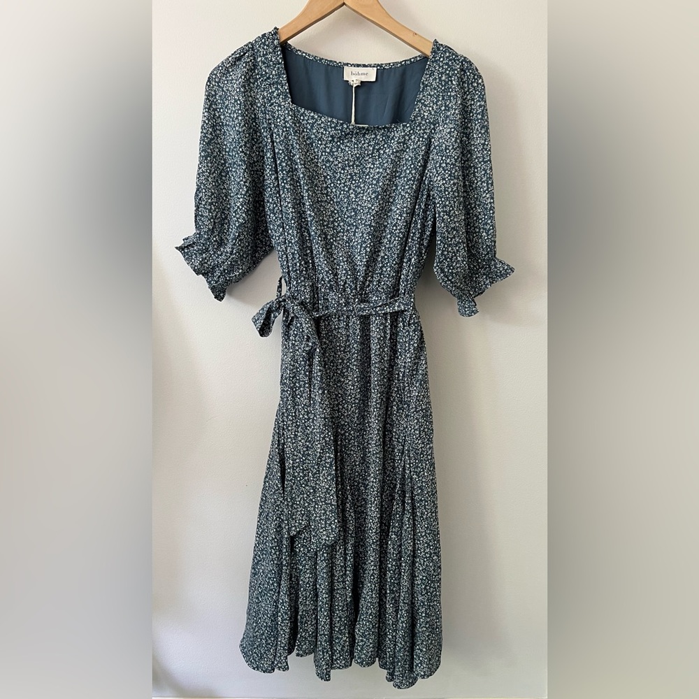 Böhme | Blue Floral Puff Sleeve Midi Dress